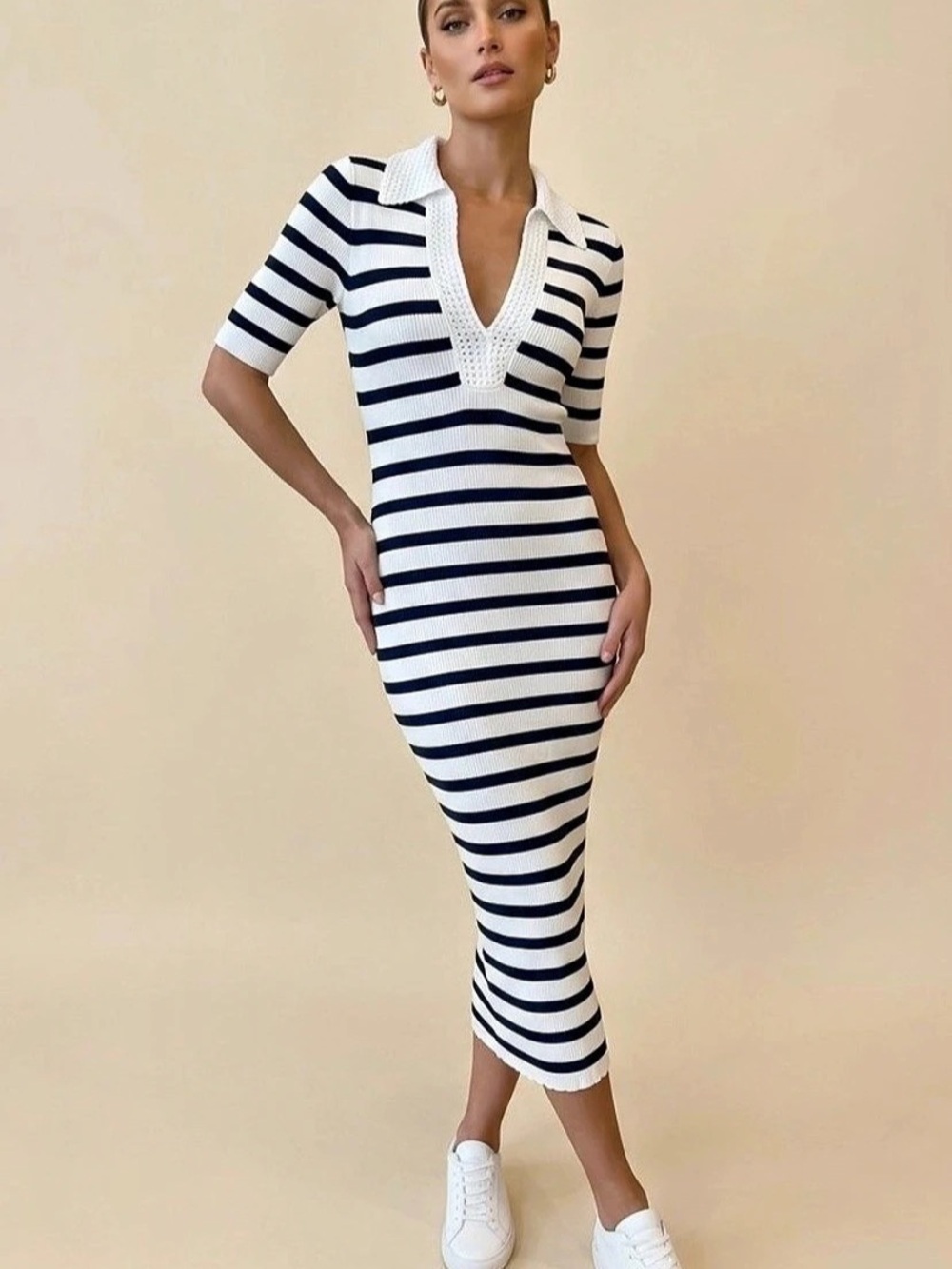 NWOT Caroline Constas Striped Midi Dress in White & Blue Size Medium